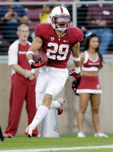 Stanford safety Ed Reynolds (29) celebrates after returning an interception 25 yards for a touchdown during the second half of an NCAA college football game against Washington State in Stanford, Calif., Saturday, Oct.  27, 2012. Stanford won 24-17. (AP Photo/Marcio Jose Sanchez)